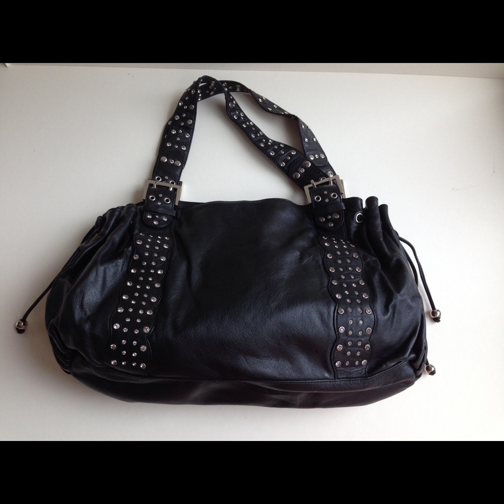 Black leather with rhine stones shoulder bag